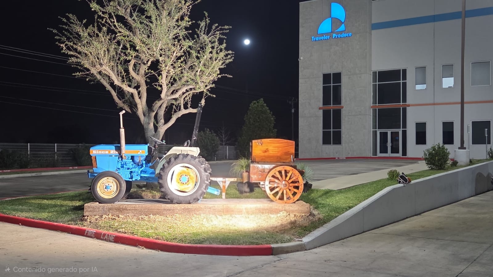 Blue tractor displayed outside the facility at night